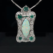Vintage platinum opal, diamond, emerald pendant