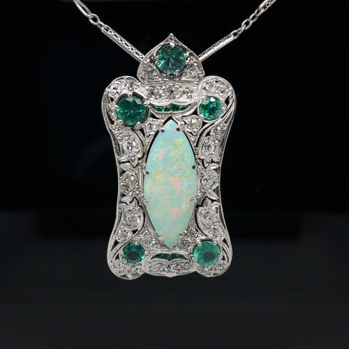 Vintage platinum opal, diamond, emerald pendant