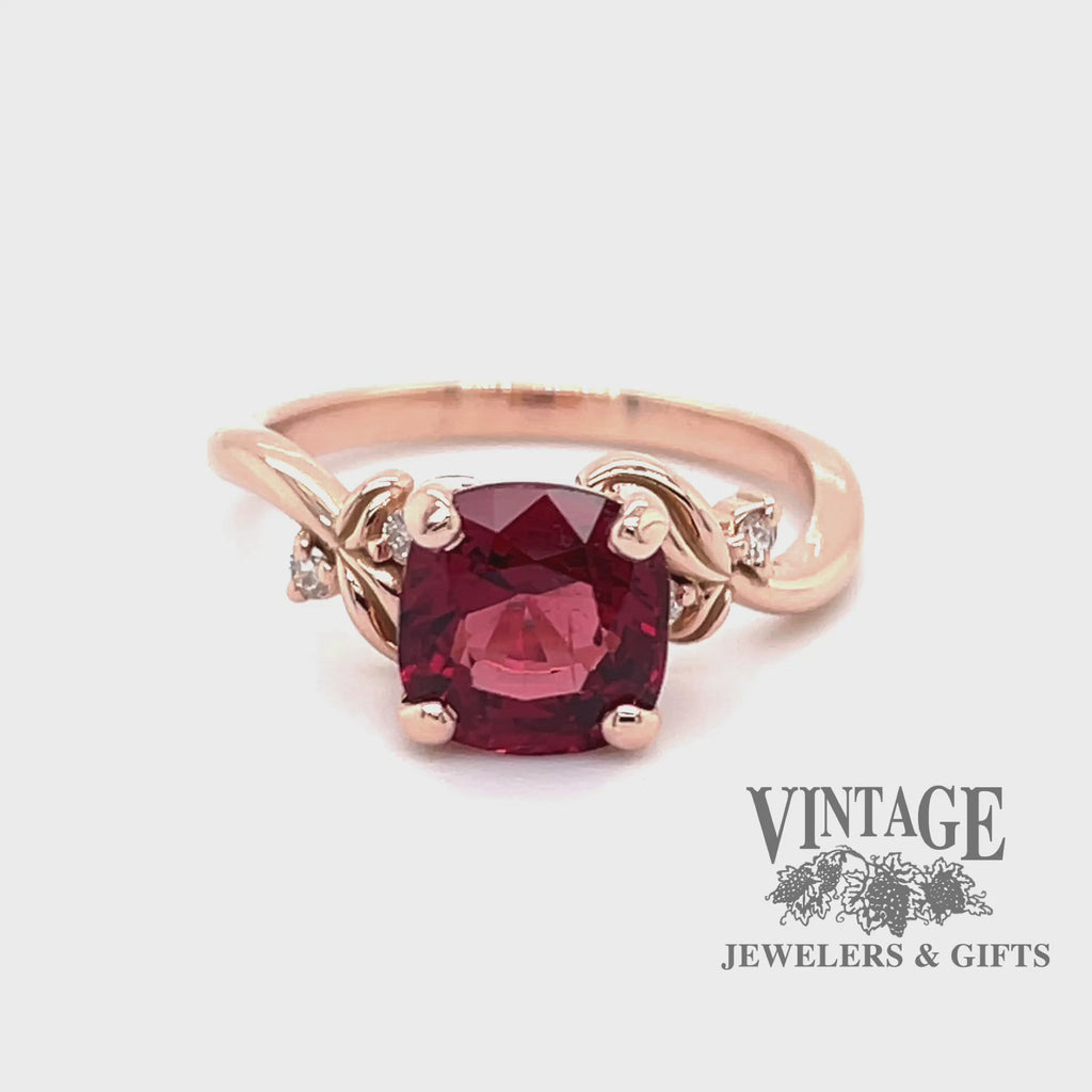 Revolving video of 14 karat rose gold natural red spinel and diamond ring