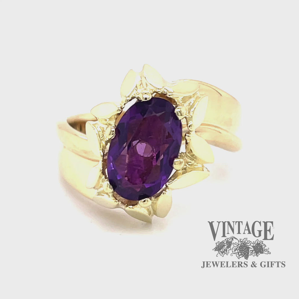 oval natural amethyst in 14ky gold leaf bypass ring  video