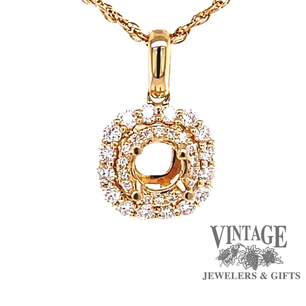 Revolving video of  14 karat yellow gold halo diamond semi mount pendant