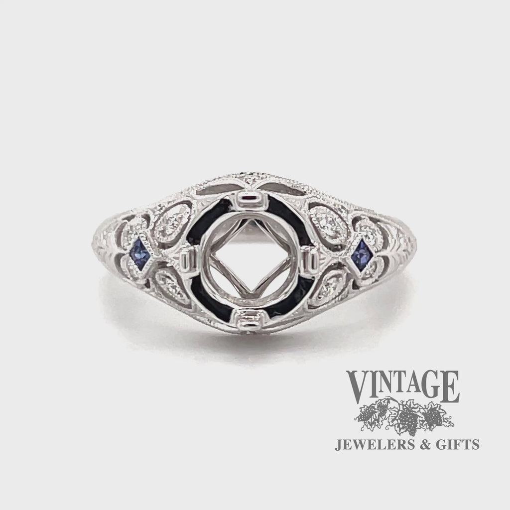 Revolving video of 14 karat white gold diamond and sapphire vintage inspired ring mounting