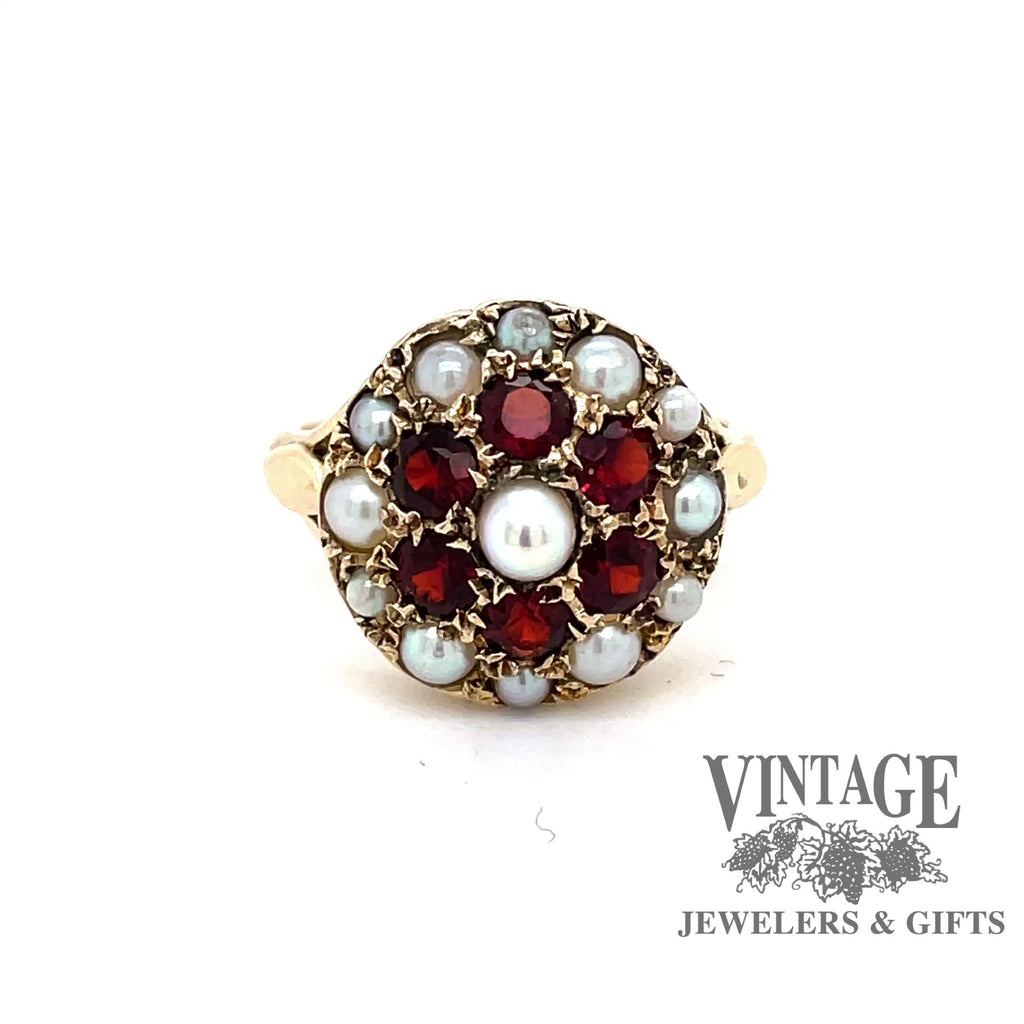 Revolving video of 9 karat yellow gold pearl and garnet antique estate cluster style ring