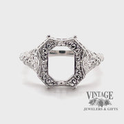 Revolving video of 14 karat white gold Edwardian inspired filigree 9x7 mm solitaire ring mounting