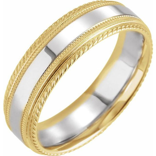 14k gold two tone 6mm band ring with rope edge and milgraining