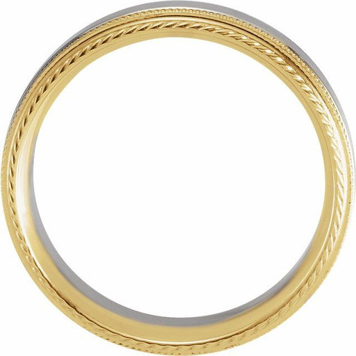 14k gold two tone 6mm ring comfort fit band with rope edge and millgraining, side view