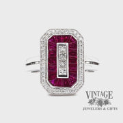 Revolving video of Vintage inspired 14 karat white gold natural ruby and diamond octagonal shape ring
