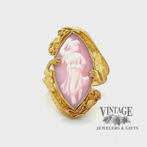 Revolving video of 24 karat yellow gold marquise cameo dragon bypass ring