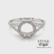 Revolving video of 14 karat white gold octagonal shape filigree solitaire ring mounting