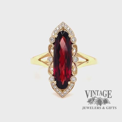 Revolving video of 14 karat yellow gold 2.58 carat oval garnet and diamond ring