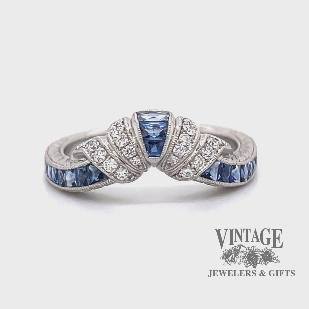 Revolving video of Art Deco inspired platinum sapphire and diamond shaped band