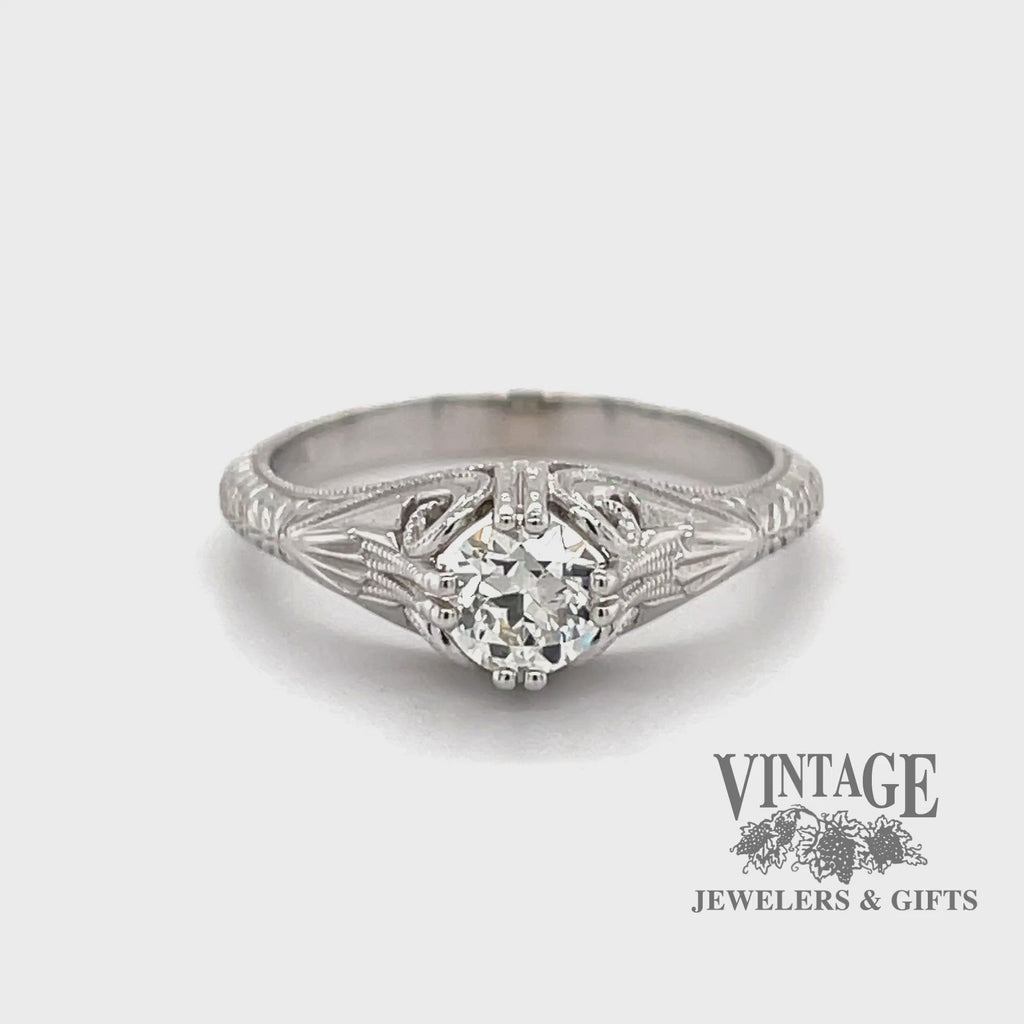 Revolving video of .50 Carat diamond solitaire vintage inspired 14 karat white gold ring