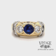 Revolving video of 18 karat yellow gold & platinum 1.15 carat Sapphire and 1.02 carat total weight diamond 3-stone ring