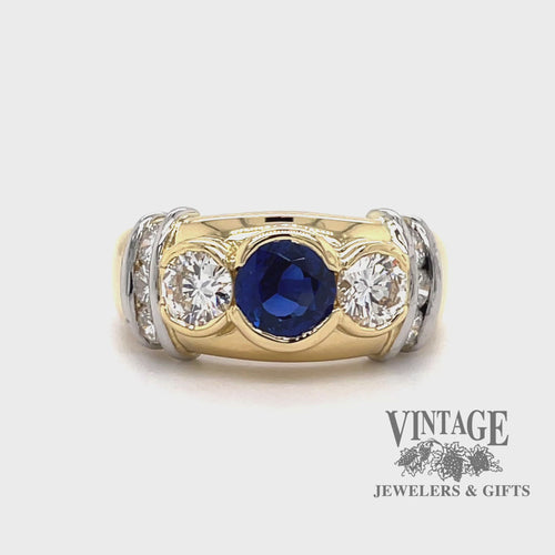Revolving video of 18 karat yellow gold & platinum 1.15 carat Sapphire and 1.02 carat total weight diamond 3-stone ring