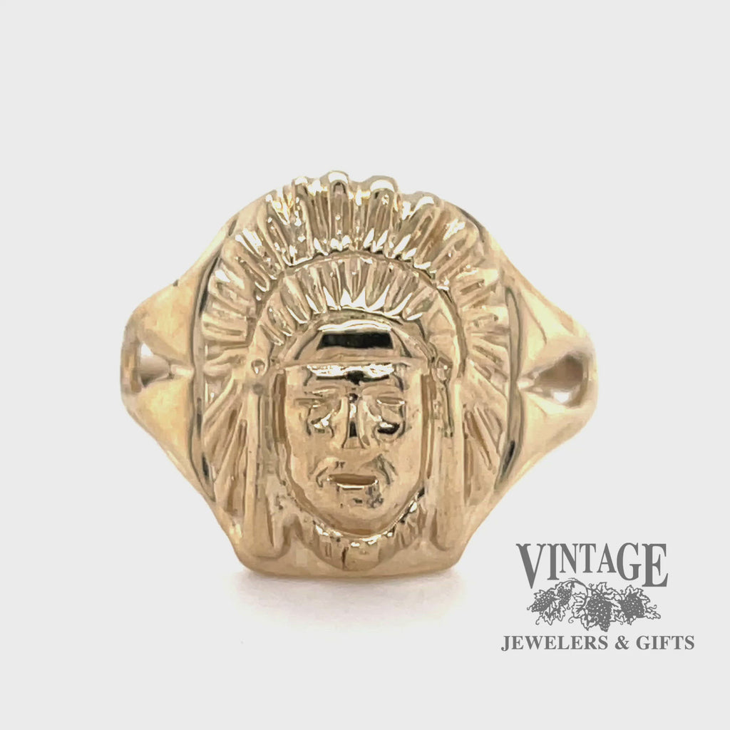 Revolving video of 14 karat yellow gold raised relief native American chief ring