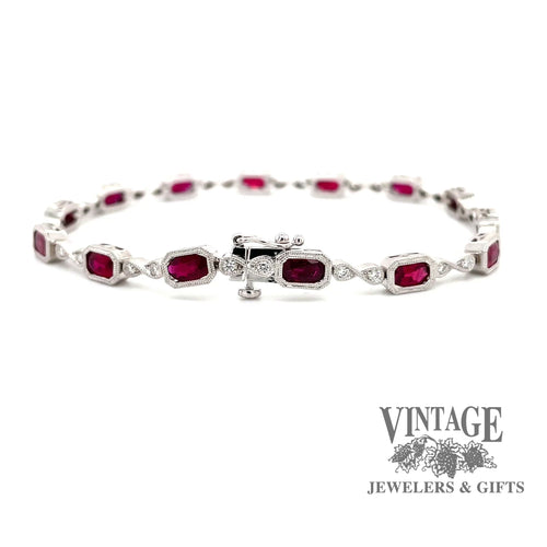 Revolving video of 14 karat white gold ruby and diamond link bracelet