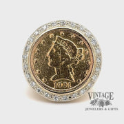 Revolving video of  U.S. half eagle Liberty gold coin and diamond 14k ring