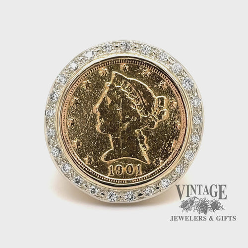 Revolving video of  U.S. half eagle Liberty gold coin and diamond 14k ring