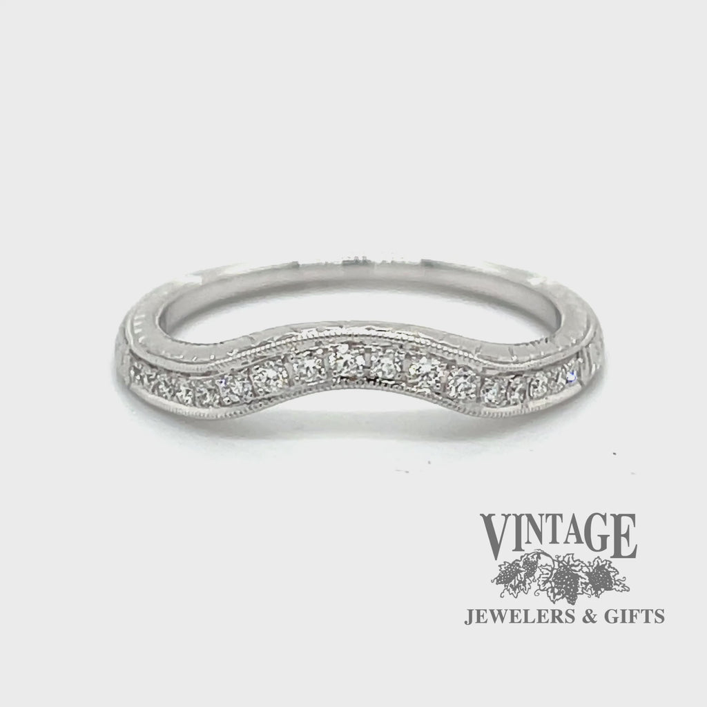 Revolving video of 14 karat white gold curved vintage inspired diamond ring band