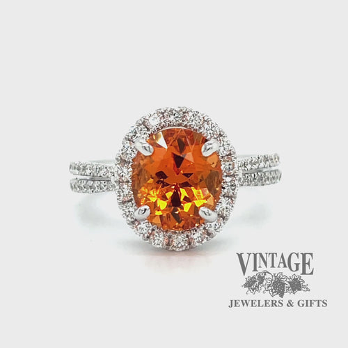 Revolving video of 18 karat white gold 3.56 carat mandarin garnet and diamond ring