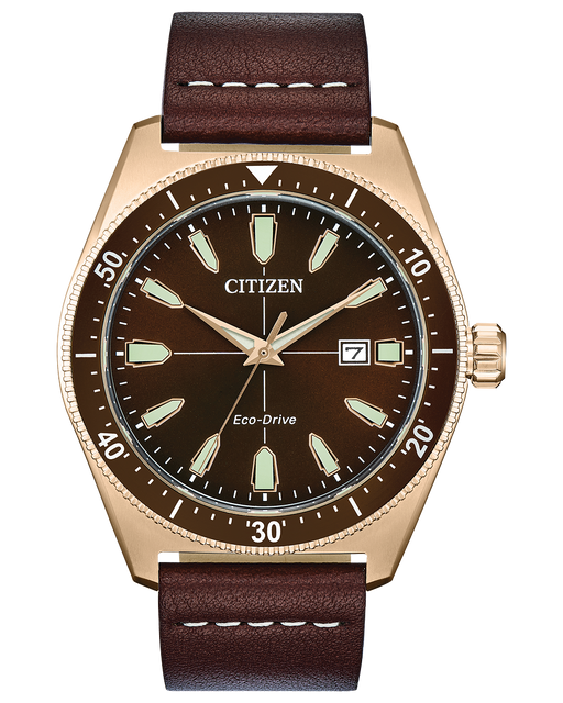 Men's Citizen rose gold tone brown dial Eco Drive watch with leather strap