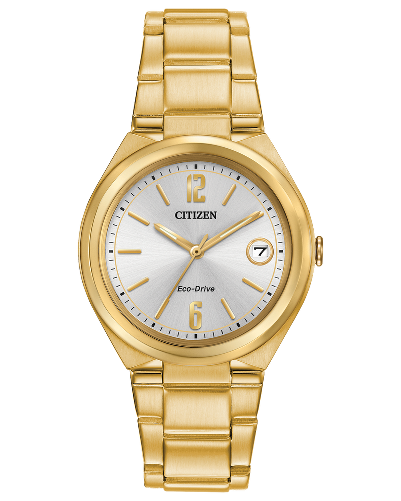 Ladies Citizen gold tone bracelet watch with date and silver tone dial