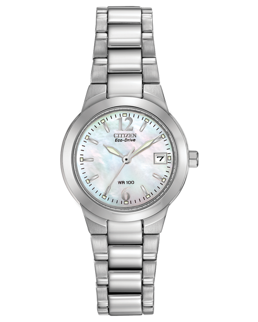 Ladies Mother-of-pearl dial stainless steel Citizen Eco Drive bracelet watch with date