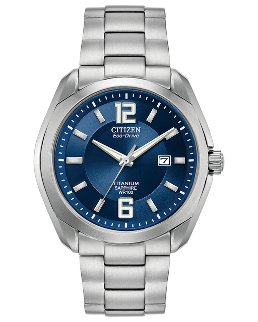 Men's Eco Drive stainless steel round wristwatch with date and blue dial