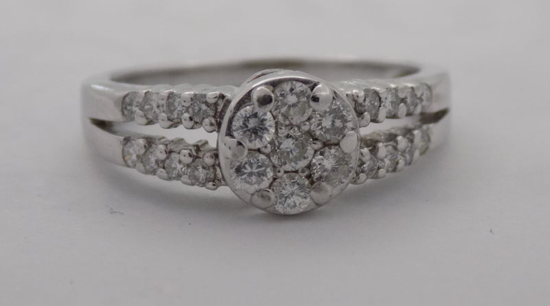 White gold split shank diamond cluster ring