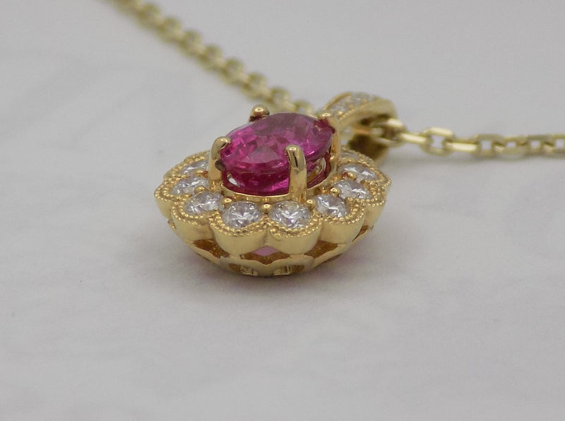18 karat yellow gold 1.01ct Pink sapphire and diamond pendant, flat from end