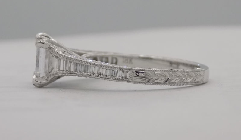 Kirk Kara white gold baguette diamond semi-mount for 1 carat princess cut diamond