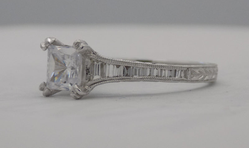 Kirk Kara white gold baguette diamond semi-mount for 1 carat princess cut diamond