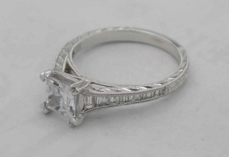 Kirk Kara white gold baguette diamond semi-mount for 1 carat princess cut diamond