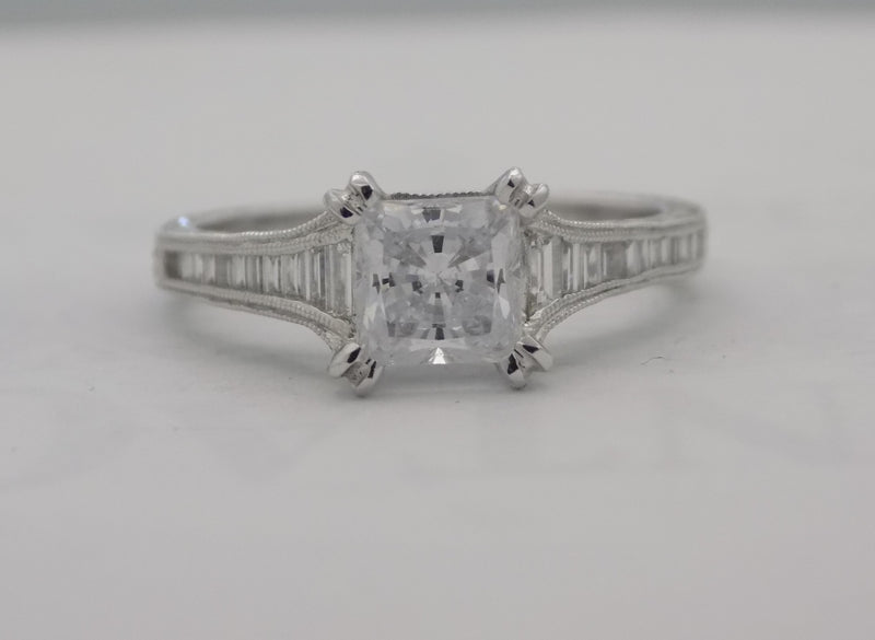 Kirk Kara white gold baguette diamond semi-mount for 1 carat princess cut diamond