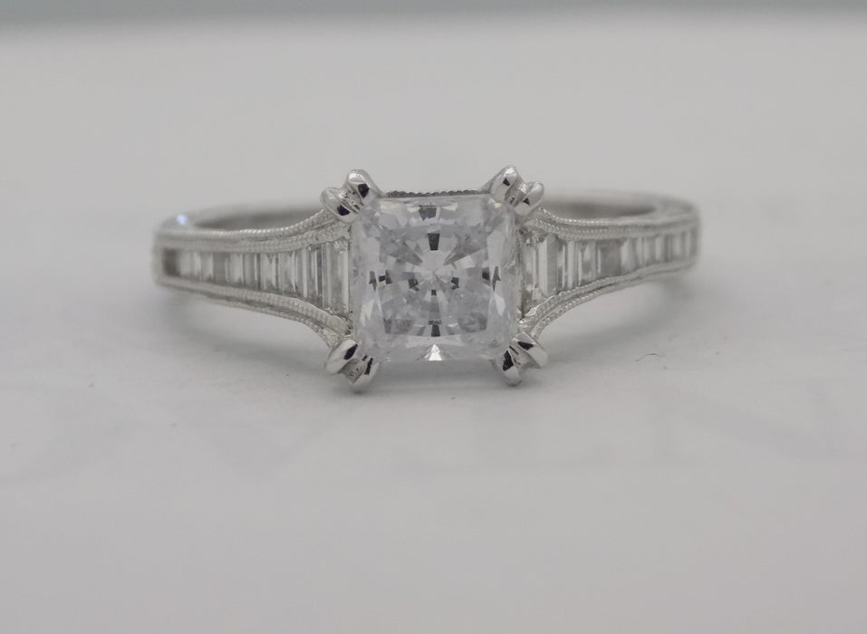 Kirk Kara white gold baguette diamond semi-mount for 1 carat princess cut diamond