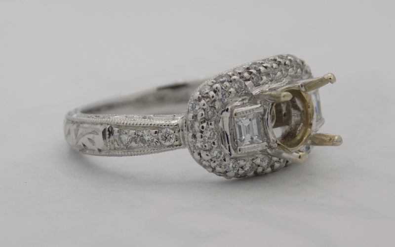 Hand Engraved White gold pave' diamond semi mount