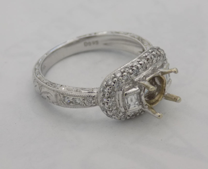 Hand Engraved White gold pave' diamond semi mount