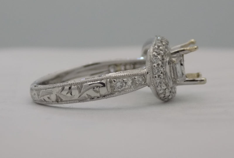 Hand Engraved White gold pave' diamond semi mount