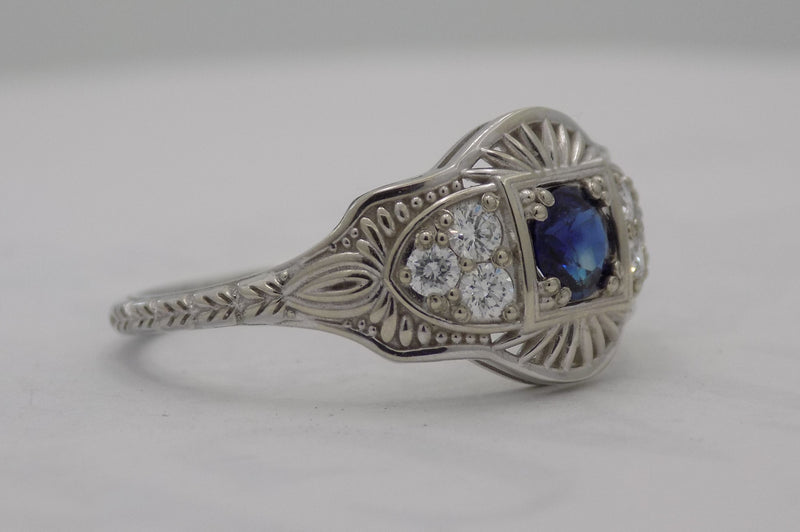 White gold art deco style sapphire and diamond ring.