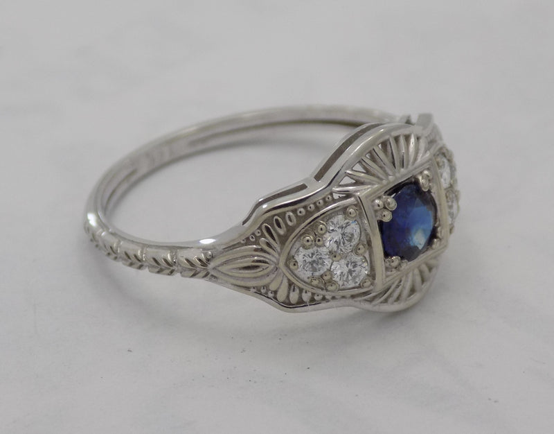 White gold art deco style sapphire and diamond ring.