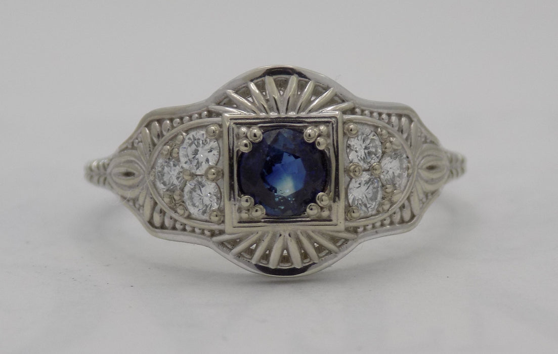White gold art deco style sapphire and diamond ring.