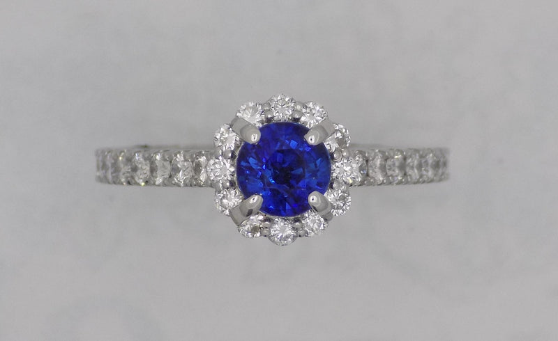 Tacori platinum halo diamond ring with blue sapphire center stone