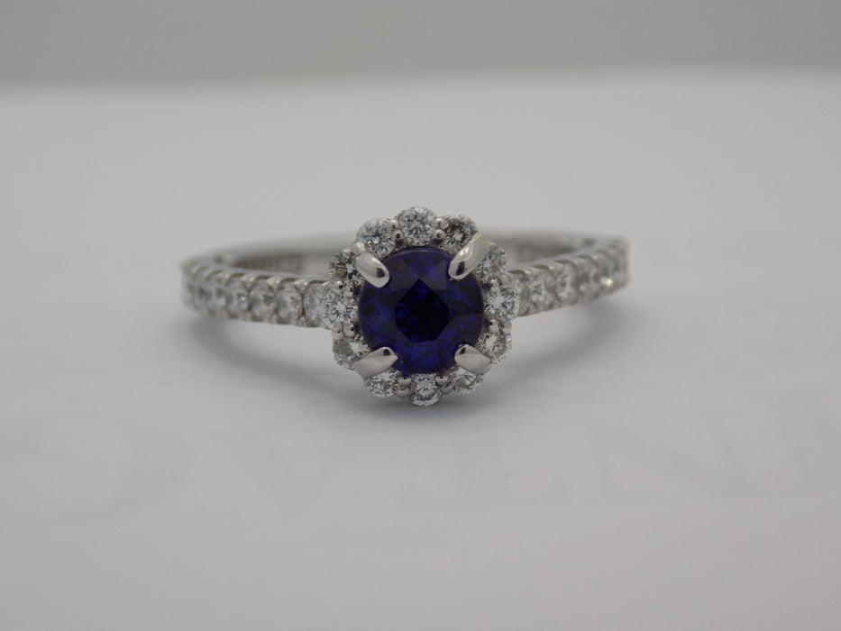 Tacori platinum halo diamond ring with blue sapphire center stone