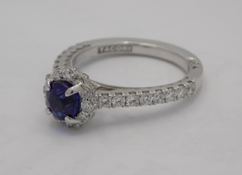 Tacori platinum halo diamond ring with blue sapphire center stone