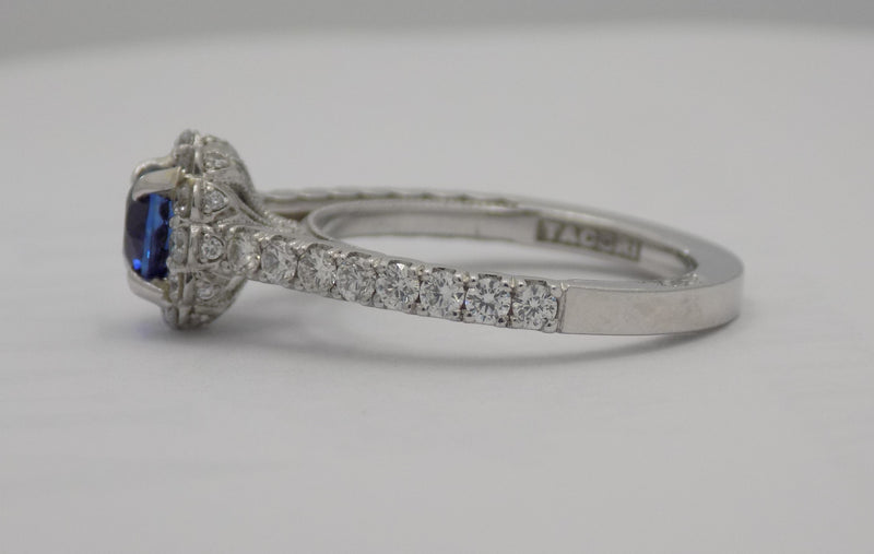Tacori platinum halo diamond ring with blue sapphire center stone