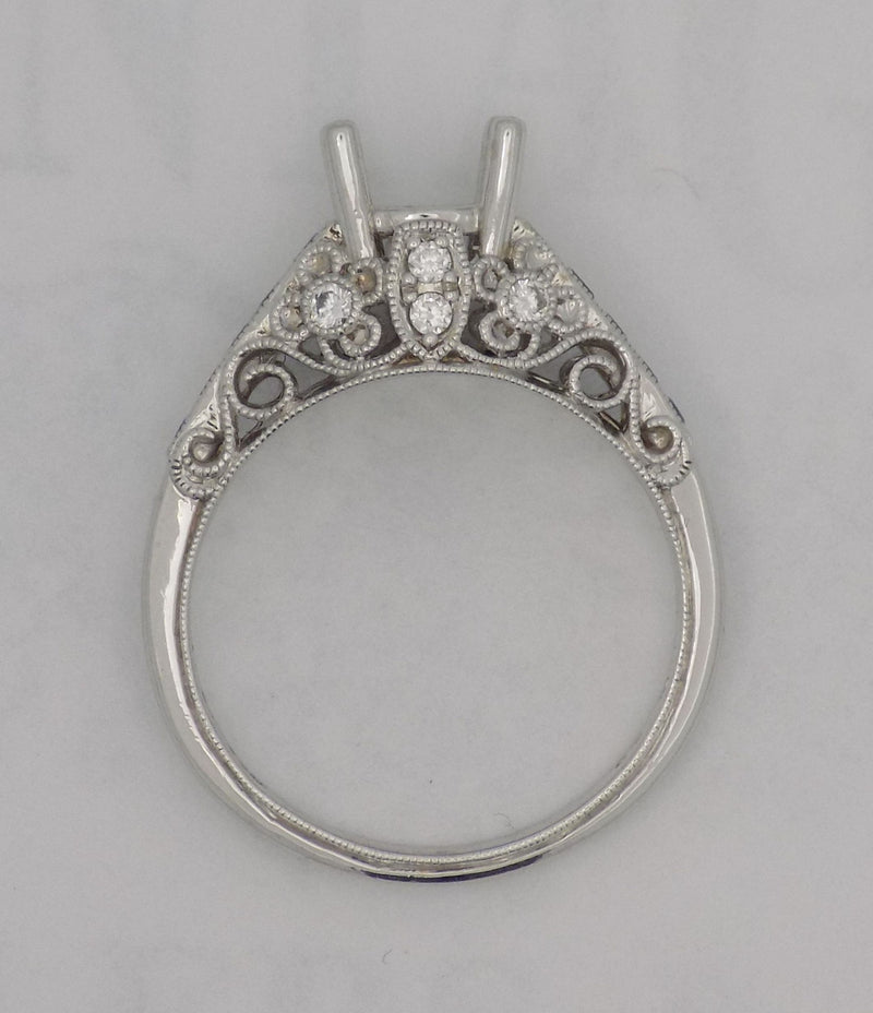 White gold filigree diamond sapphire semi-mount engagement ring for 3/4 carat round stone