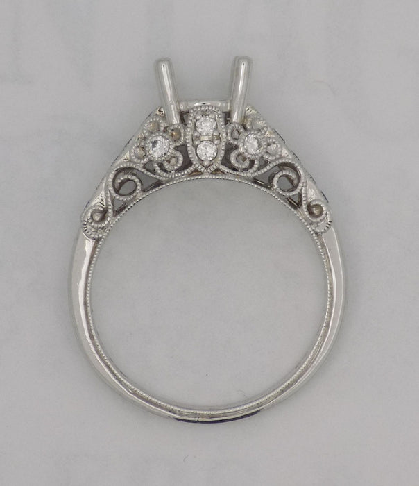 White gold filigree diamond sapphire semi-mount engagement ring for 3/4 carat round stone