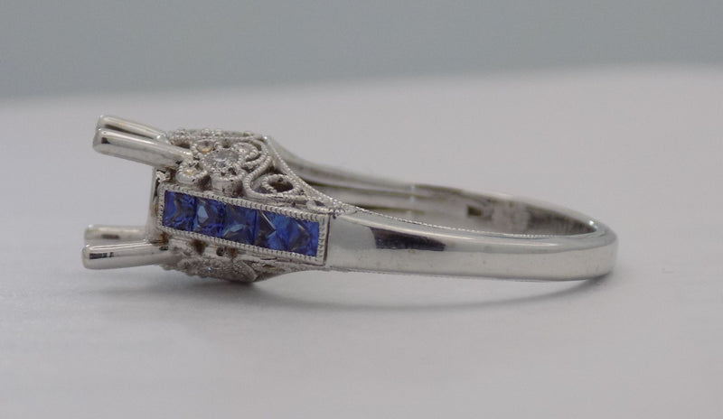White gold filigree diamond sapphire semi-mount engagement ring for 3/4 carat round stone
