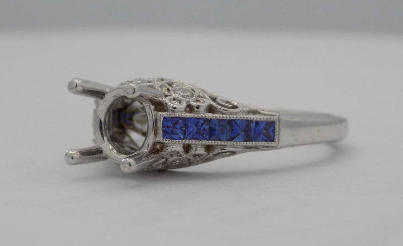 White gold filigree diamond sapphire semi-mount engagement ring for 3/4 carat round stone