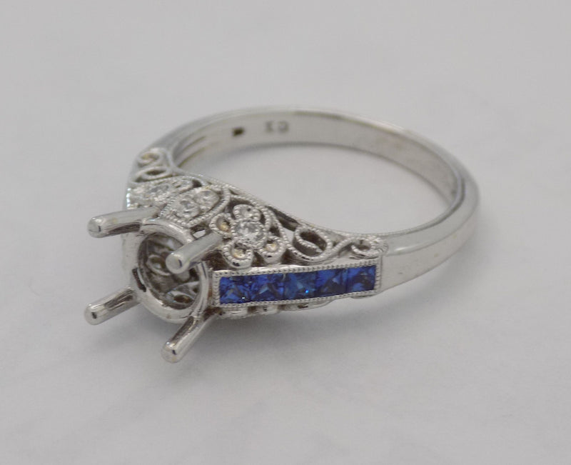 White gold filigree diamond sapphire semi-mount engagement ring for 3/4 carat round stone